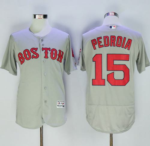 Red Sox #15 Dustin Pedroia Grey Flexbase Authentic Collection Name On Back Stitched MLB Jersey - Click Image to Close